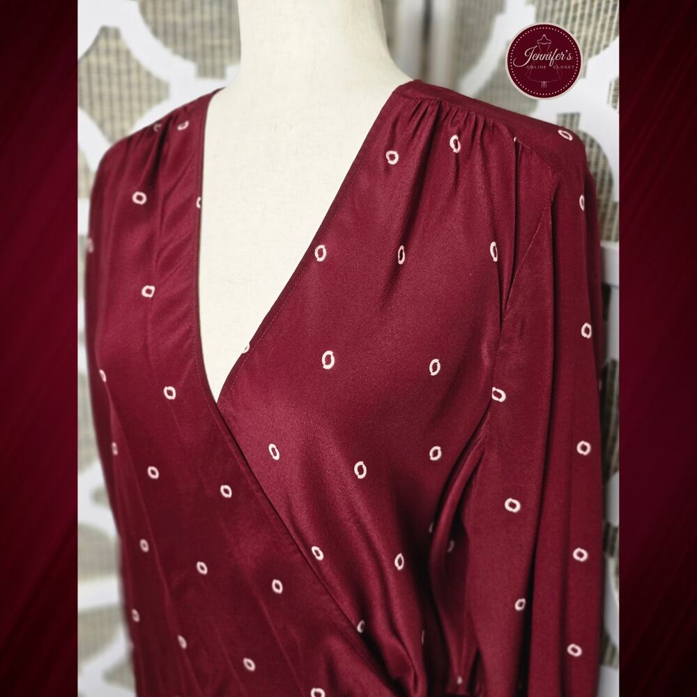 J. Crew Burgundy Maroon Wine Silk Long Sleeve Wrap Blouse Size Large - Picture 2 of 13